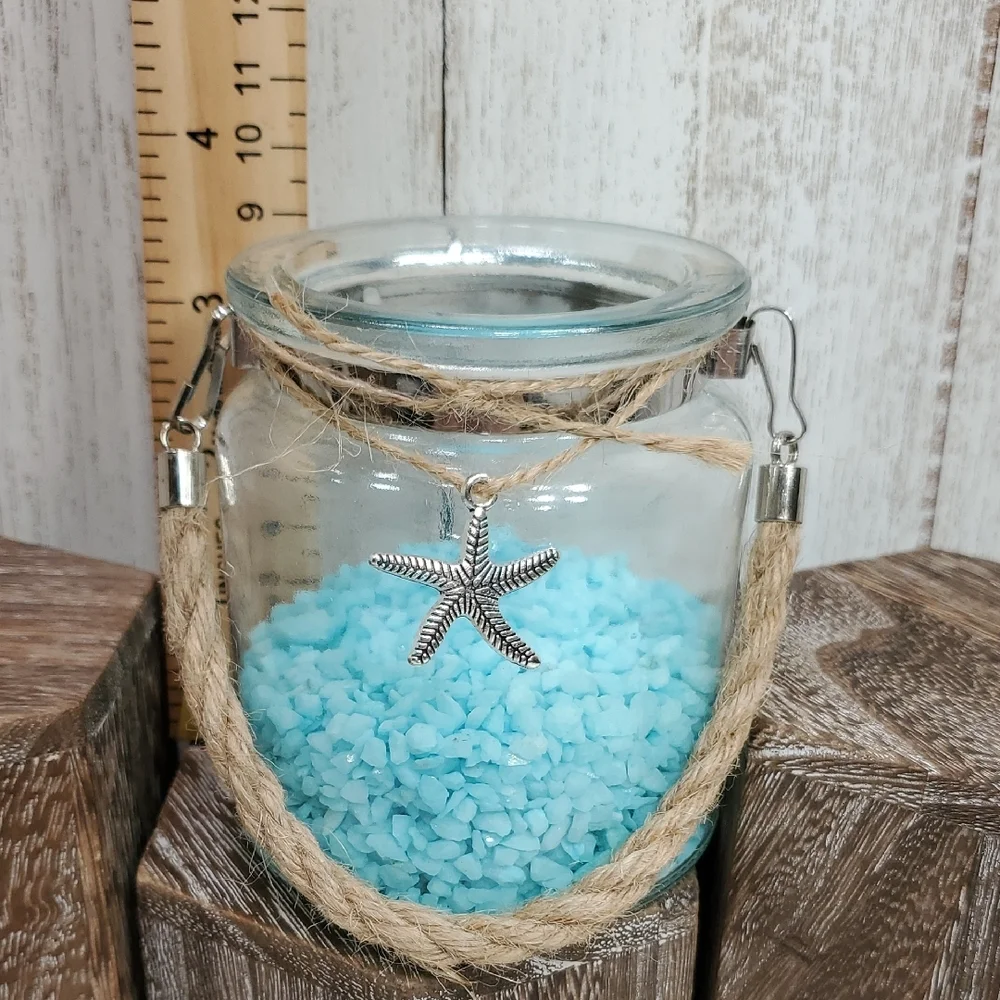 Glass Jar Vase with Silver Starfish Charm Twine Handle & Aqua Pebble Rocks